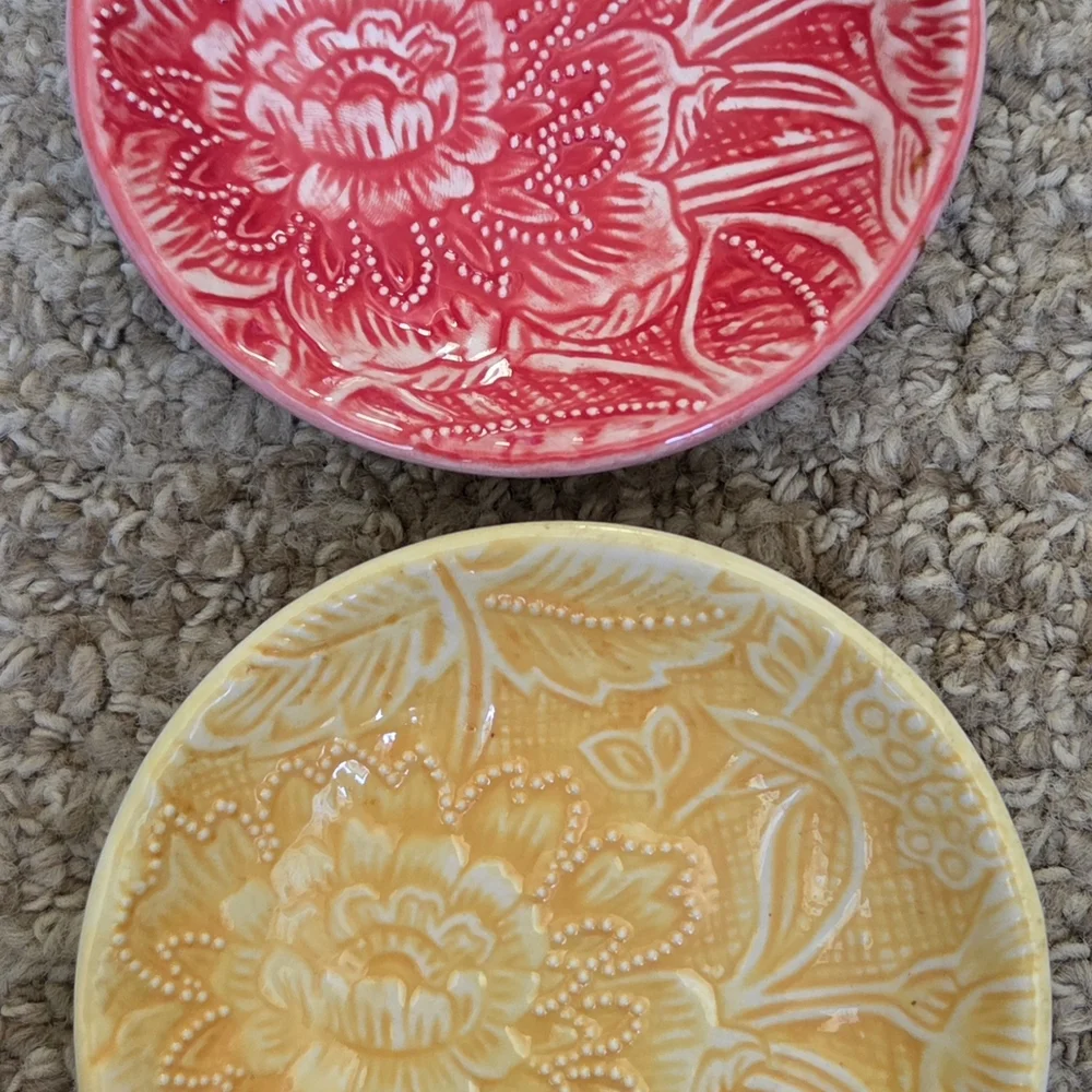 William Sonoma Two Embossed Floral Ceramic Yellow/Red Trinket Tray/Mini Plates